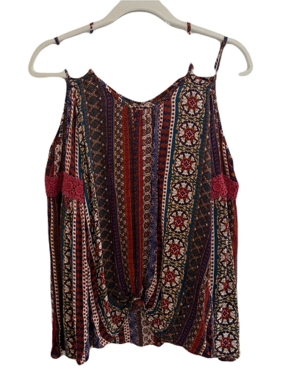 EARTHBOUND Boho Printed Cold Shoulder Top in Burgundy, Navy & Mustard